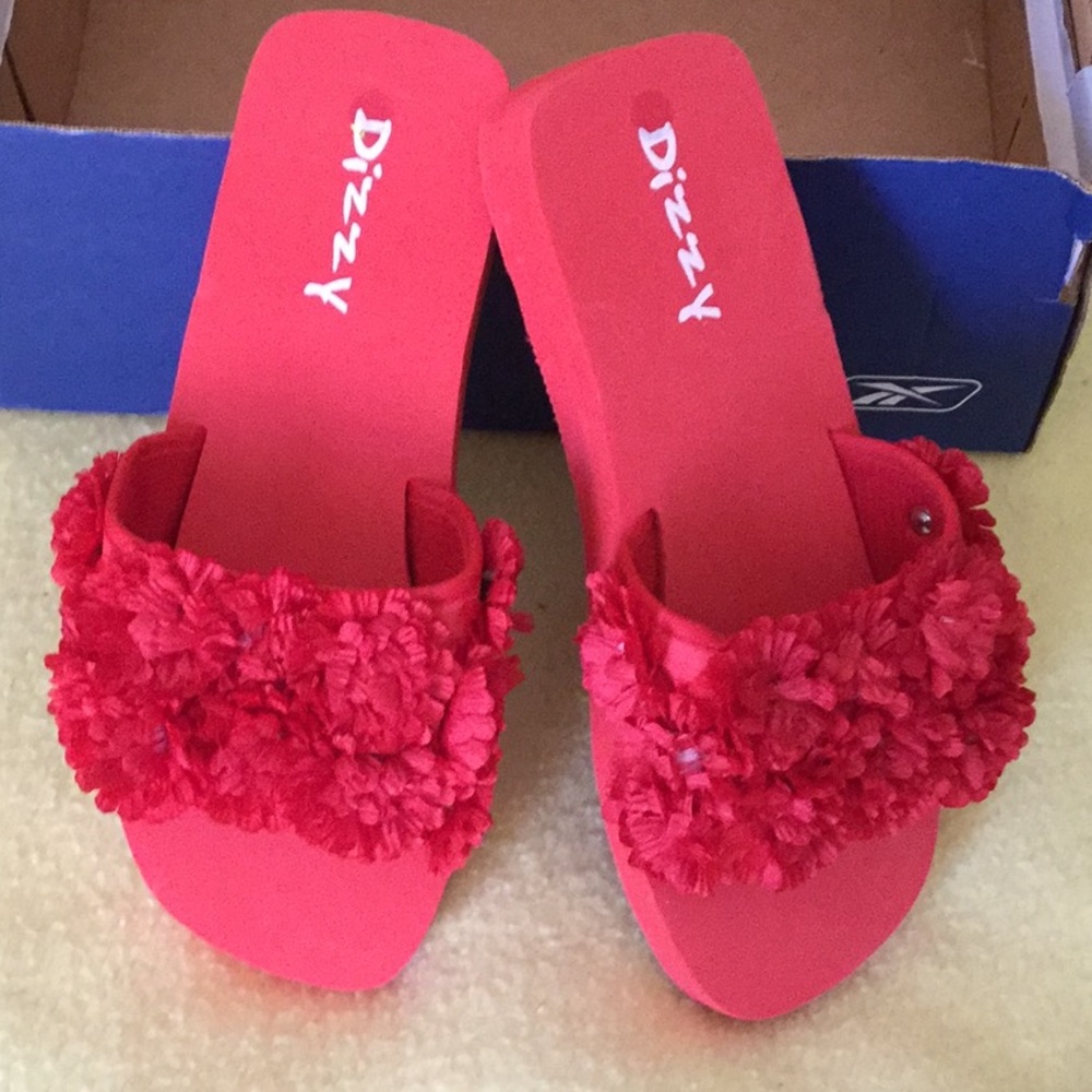 Adorable Red Platform Flowered Flip Flops